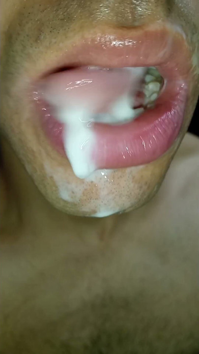 Cum in my mouth, play with your cum, and swallow it, close-up, naughty gay, tongue, sloopy | Clip 1