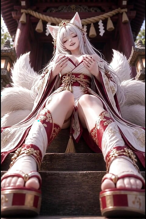 3d anime kitsune masturbates on temple stairs and rides her cocks