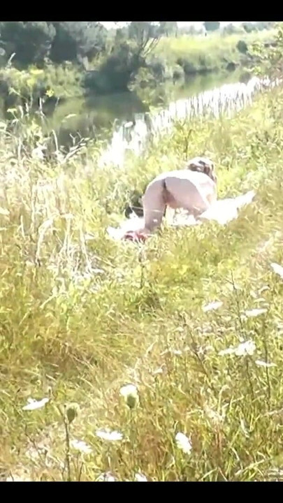 Wild beach Random guy passing by saw naked woman sexy mature Milf sunbathing on river bank Doggystyle Doggy style Butt Ass Pussy | Clip 1