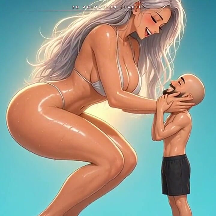 Giant Silver-haired Anime Babe Squats Down to Kiss Her Tiny Man