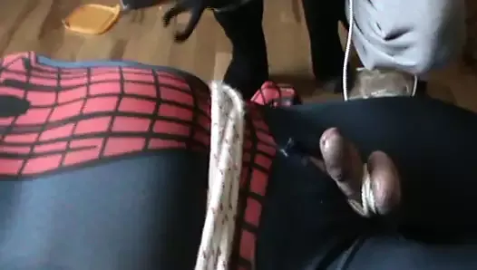 Restrained Spiderman gets an electro and enjoying