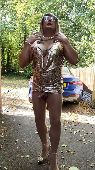 Sexy Crossdresser kellycd2022 in gold leopard print dress tan pantyhose and heels s