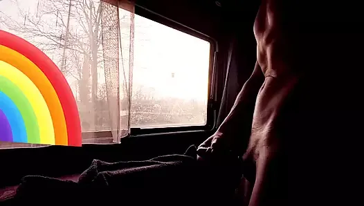 Strange girl watching me masturbate for her in the sunset through window and she likes my uncut dick