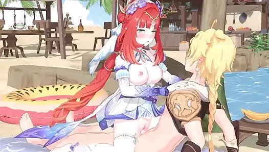 Genshin impact - ayaka, barbara ve nilou'nun aether ile gizli plaj seksi - baştan çıkarıcı inliyor - 3d nsfw animasyon