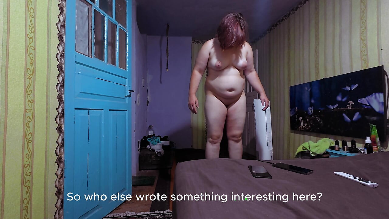 Naked Curvy Brunette on Vibration Platform Reads Comments with English Subtitles