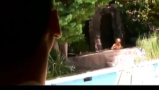 Horny blonde sucks dude's cock by the pool