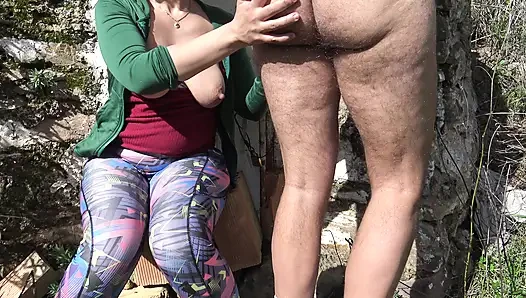 Perverted stepmom touching her stepsons dick outdoors during holiday