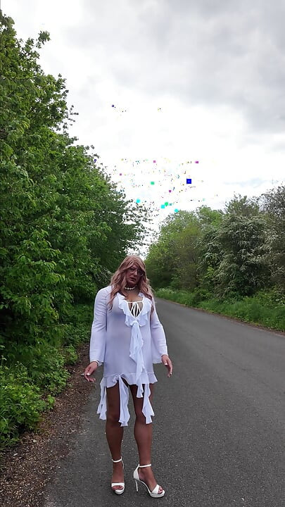 Crossdressing kellycd2022 car drive in my white see thru dress and heels