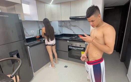 My Stepbrother Masturbates in the Kitchen and Surprises Me with His Huge...