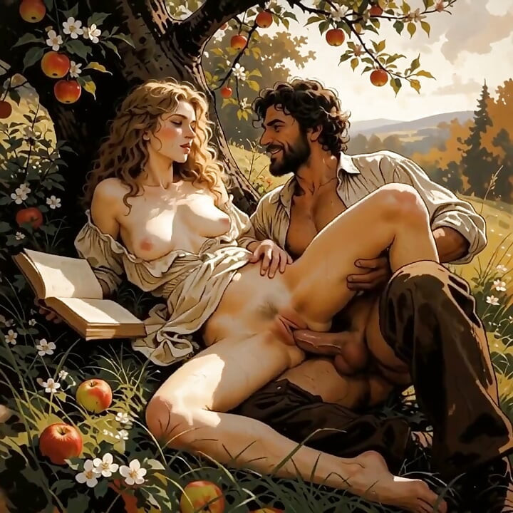 She Kept Reading Under the Apple Tree While He Finished What the Book Started (ai Generated).