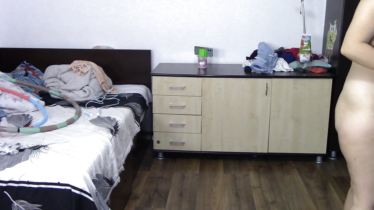 Sexy wife workout at home naked. Amateur wife masturbates with her fingers in her pussy.