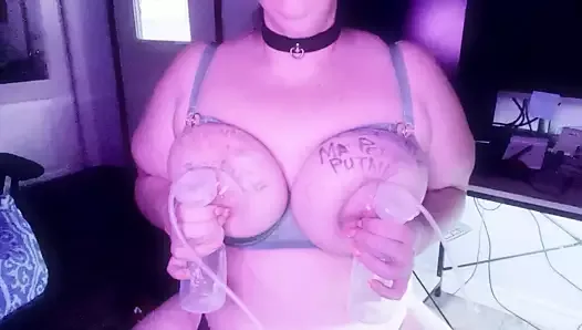 Riding my dildo on cam while moaning and playing with my big tits and milk pump