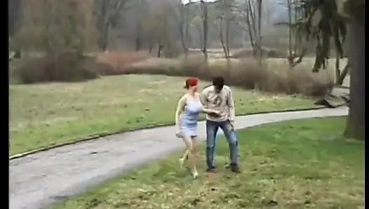 Busty redhead slut sucking and fucking big cock outdoors