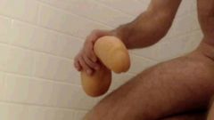 CEI, milking cock into glass, licking cum from dildo