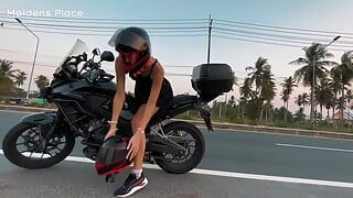 Motorbike girlfriend peeing on the roadside