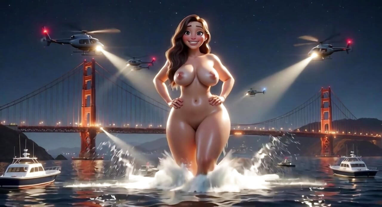 Riesenschönheit watet in die San Francisco Bay und kniet dann nackt in der Nähe des Golden Gate nieder, wobei Hubschrauber kreisen (KI generiert)