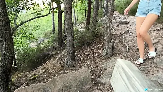 Cute Stranger caught me in the woods. Handjob with cum on feet