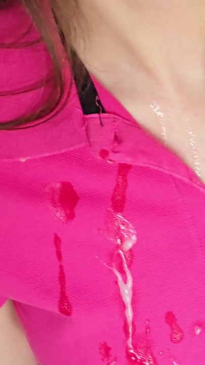 Key moment from "Blowjob With Cum On My Cute Pink T-shirt 👚 Hot Cum On Clothes!"