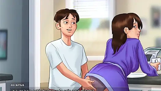 Stepmom and stepsister fight for the tenant's cock in the house and fuck him all the time - summertime saga
