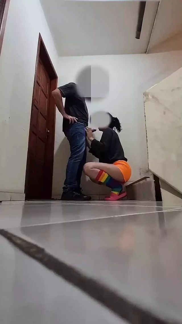 Friend From the Building Loses Bet and Gives Blowjob on Stairs