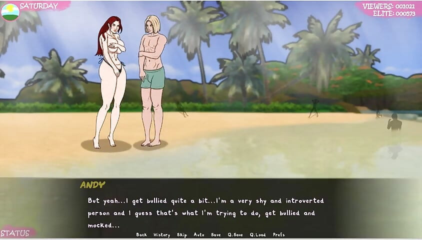 Lust Town - Lt - gameplay - rollenspel - naaktheid op het strand - doorhangende borsten topless met grote tepels - vreemdeling plagen op het strand