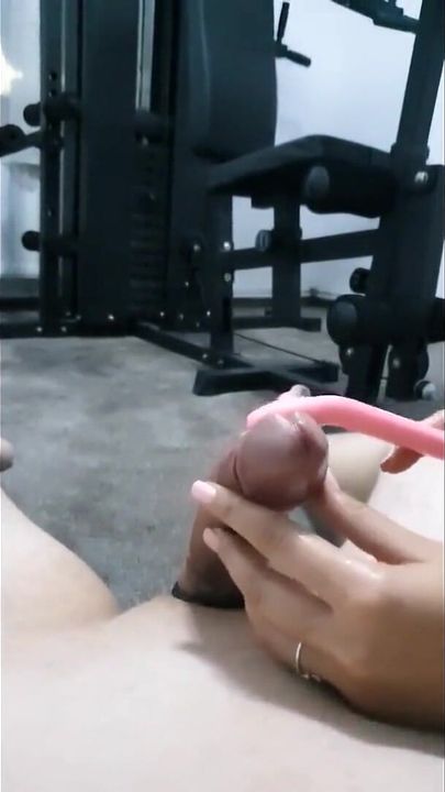 Rough Femdom Urethral Sounding of Slave Cock in the Gym with 12 Inch Dilators, Handjob, Huge Cumshot