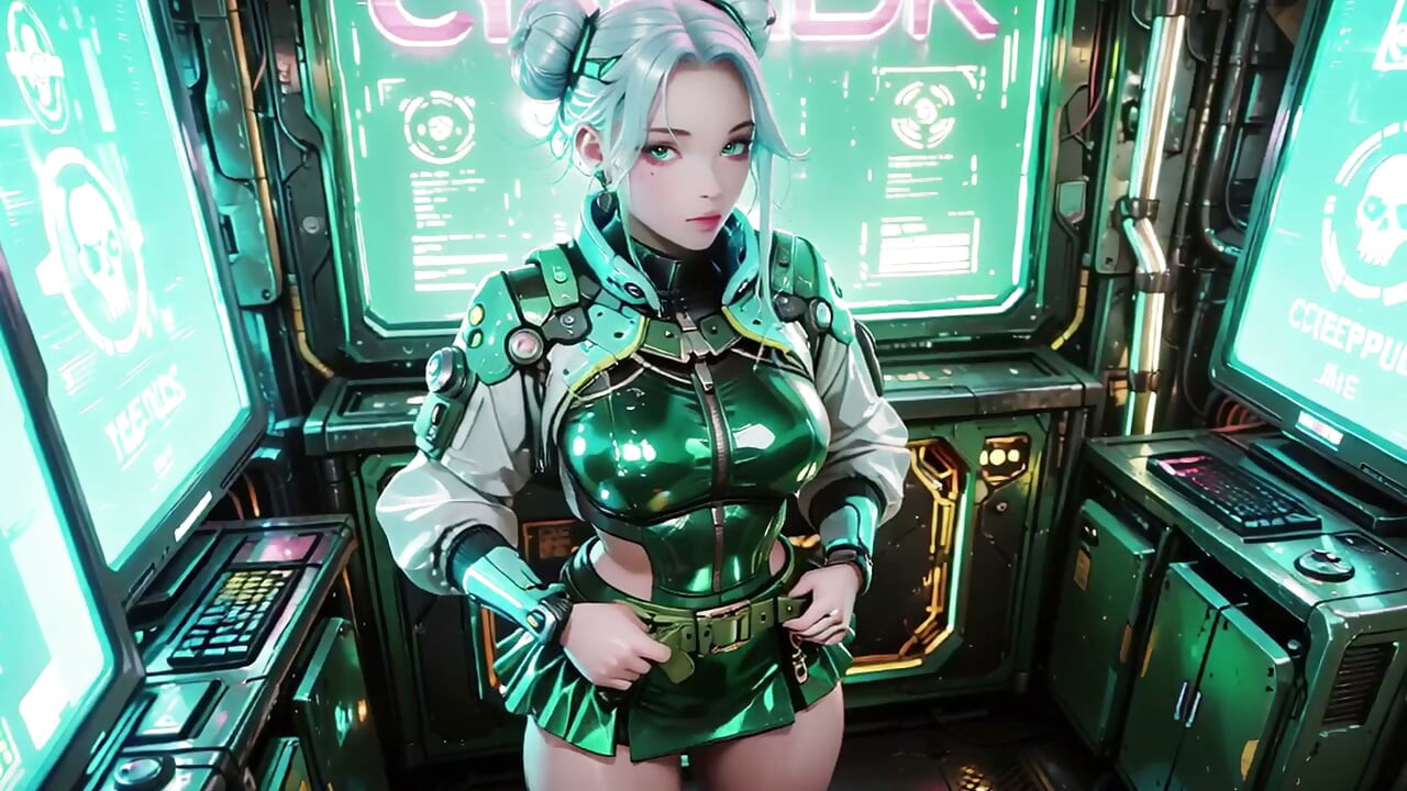 The Green Armored Girl! Silver-haired Valkyrie kneeling and glancing back, fingertips tracing her cold metallic suit.