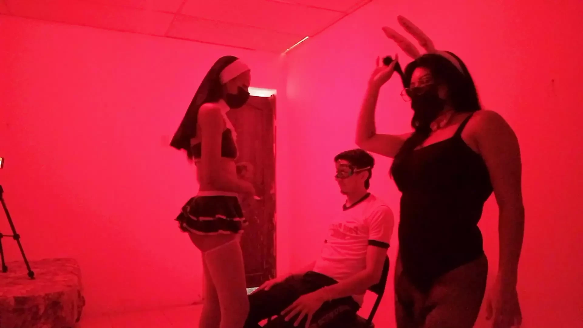 The birthday boy receives a sexual fantasy dance. Two women turn him on dancing.
