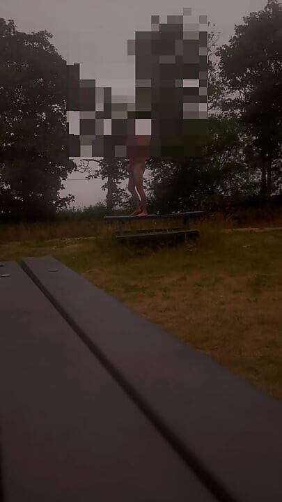 Standing naked in park on benches wanking and twerkin