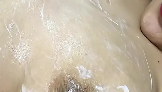 Mom vibrates her big tits with her big vibrator