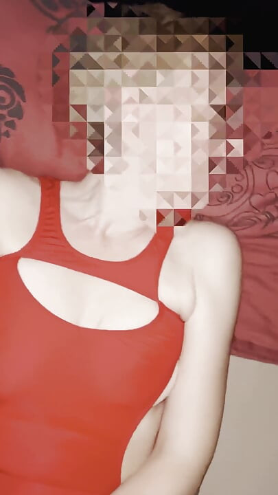 Wife in Red Mini Dress and Chastity Husband, Playing with Big Dildo