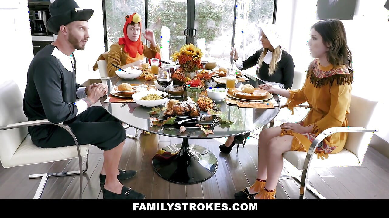 Horny milf & teen thanksgiving orgy with stepson & stepdad