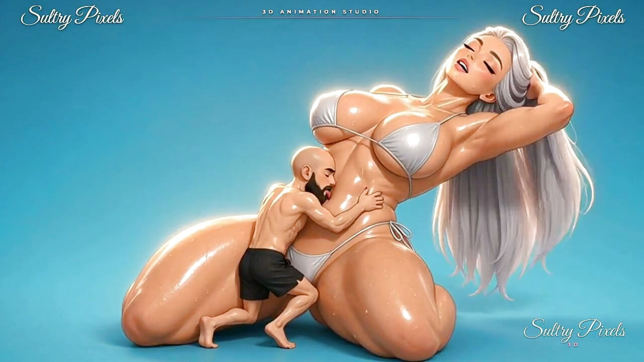 Un homme minuscule tire le fil du bikini d’une géante anime agenouilleuse et lui plonge dans le ventre