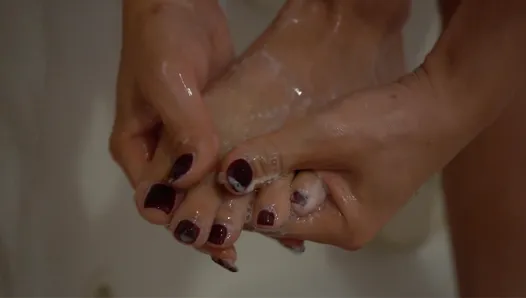 Close-up: Washing my feet in the shower