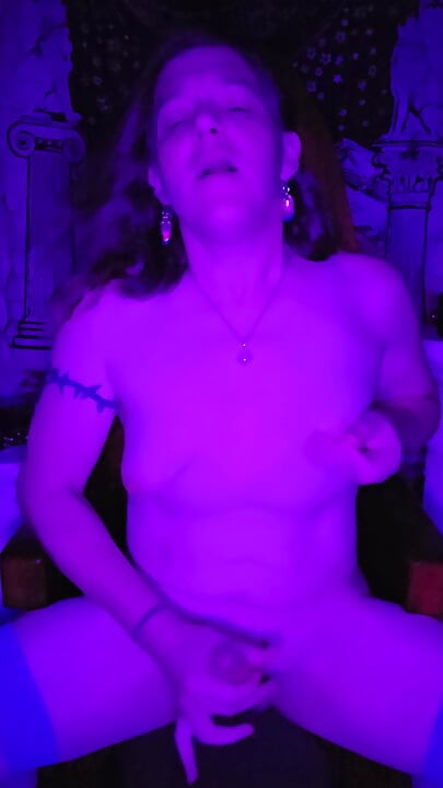 Kaleigh stroking her dick on a throne, with pride
