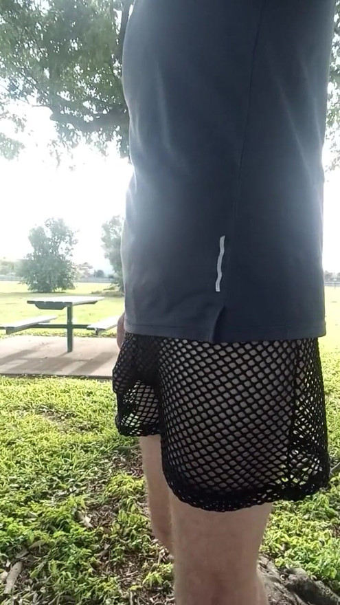 Public park cruising in risky see through mesh shorts with lots of dick on display | Clip 1