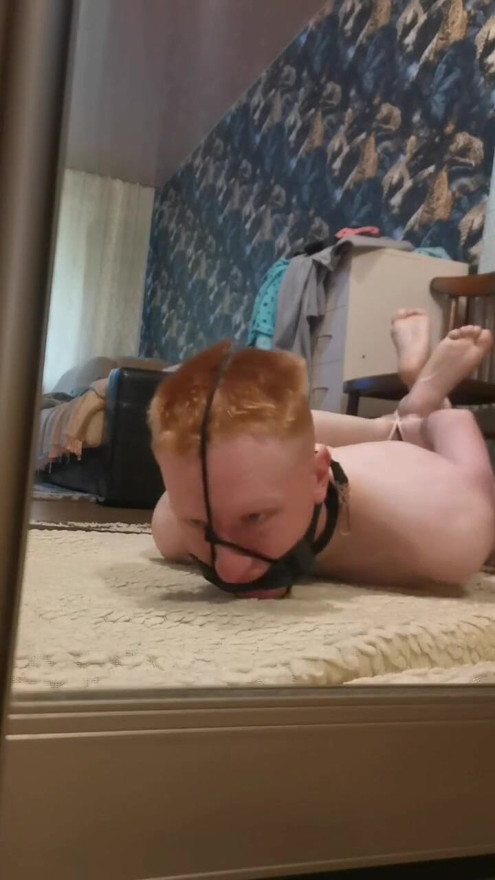 Hogtied Barefoot gagged guy with cumshot on his feet | Clip 1