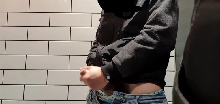Public bathroom teen boy cumshot after edging thick load