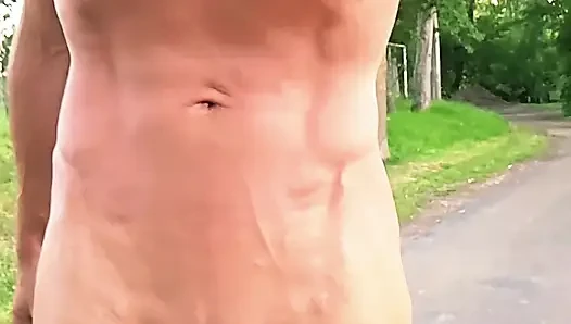 Skinny boy walks naked through the neighborhood. Huge risky piss on the street. Big cock in public