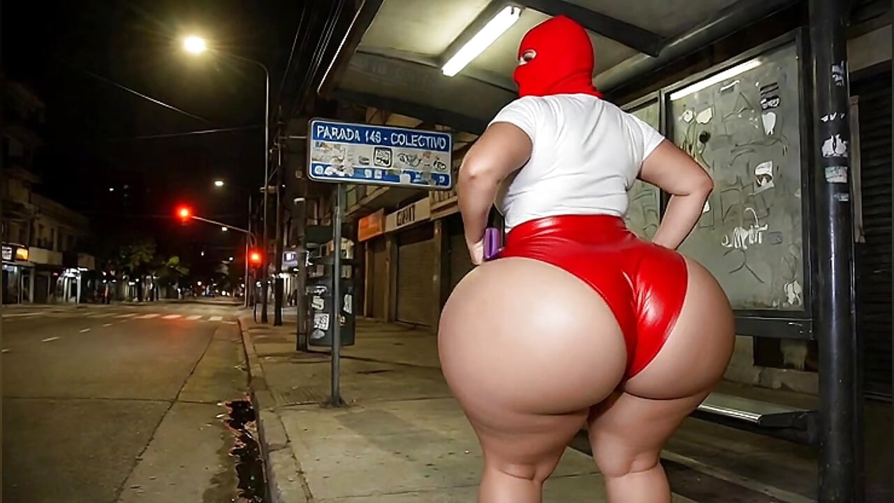 Big Ass Latina in Tight Red Party Dress Waiting for the Bus