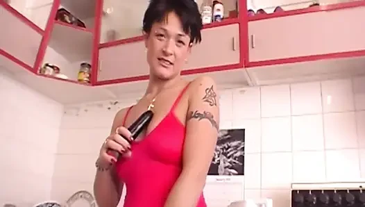 Oiled Brunette Toys Hairy Pussy with Dildos