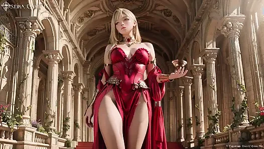 Blonde Queen in Red! Duduk di pinggir air mancur, menyesuaikan slit dress-nya... Mata tertuju padamu.