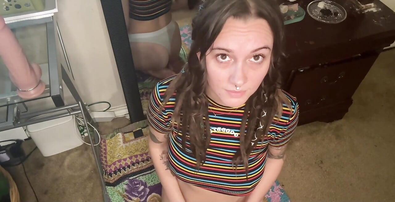 Horny Brunette Smoking and Riding Dildo
