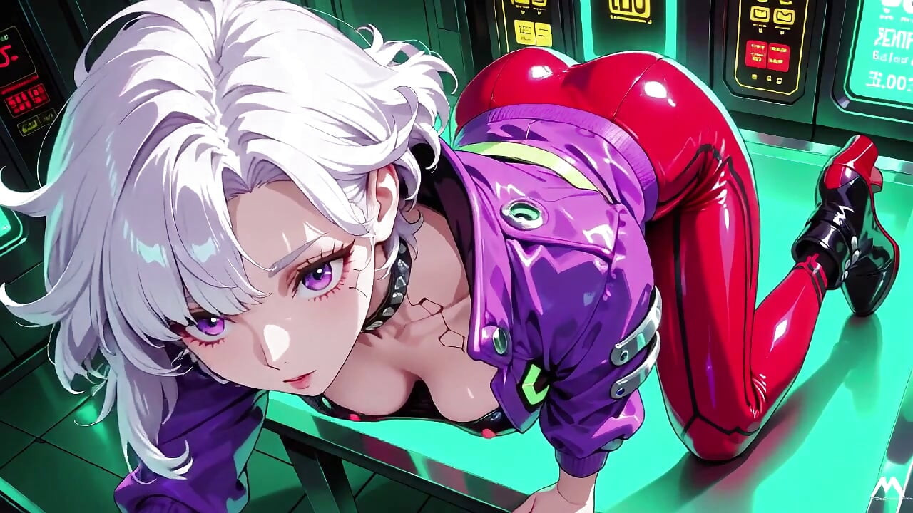 Teasing in a purple bodysuit on the skyscraper balcony, pulling down her collar to reveal inner layers.