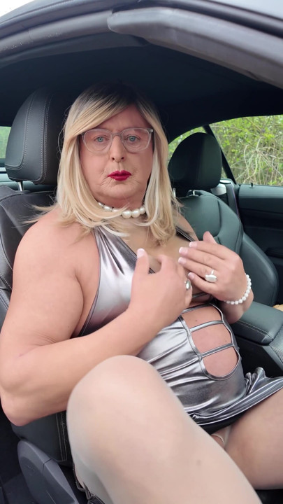 Sexy Crossdresser kellycd2022 out for a drive in sexy silver dress and pantyhose no panties | Clip 2