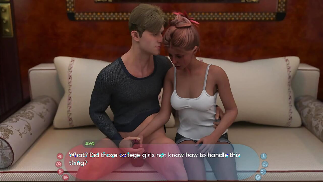 She strokes his penis with her hands. gameplay