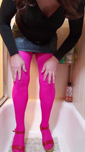 Spectacular moment from "Cd piss my pink nylon pantyhose and miniskirt."