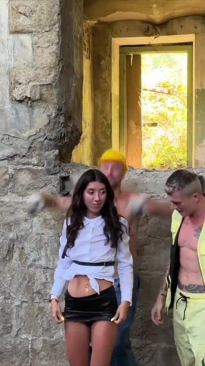 Emotional moment from "Three workers persuade a fragile inspector to fuck. Katty West + DisDiger, Falcon Al and Kit Belove"