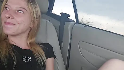 Cute Blonde Dildo Fucks Her Pussy While Her Uber Driver Has to Watch
