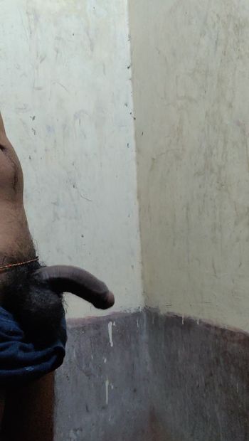 Een Indische man die penice toont in toilet